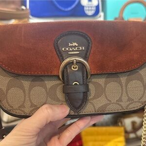 NWT Coach Brown Suede and Tan Sig  Crossbody / Saddle Bag *Perfect Little Bag*